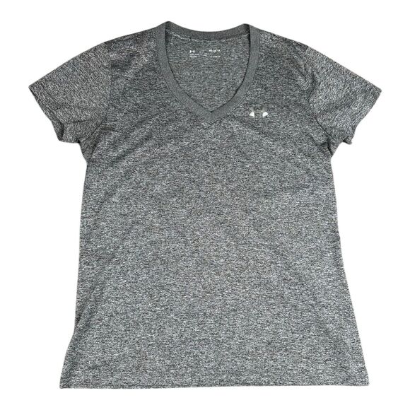 Under Armour Shirt Womens MEDIUM Heather Gray V Neck Short Sleeve Athletic Logo - Picture 1 of 7